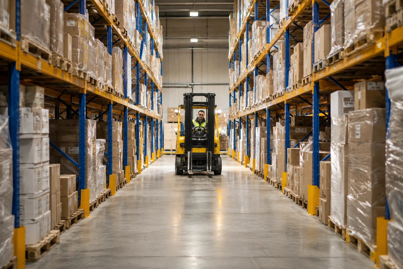 Depozit industrial organizat, cu rafturi și stivuitor